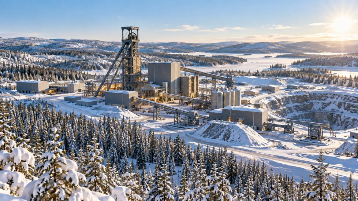 Goldmine in verschneiter nordischer Waldlandschaft