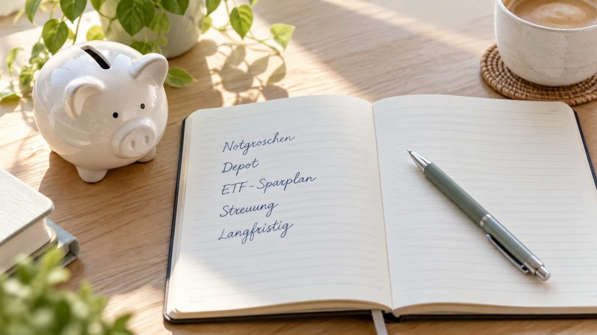 Notizbuch mit handschriftlichen Stichworten und Sparschwein – Symbolbild für den Einstieg in die Aktienanlage