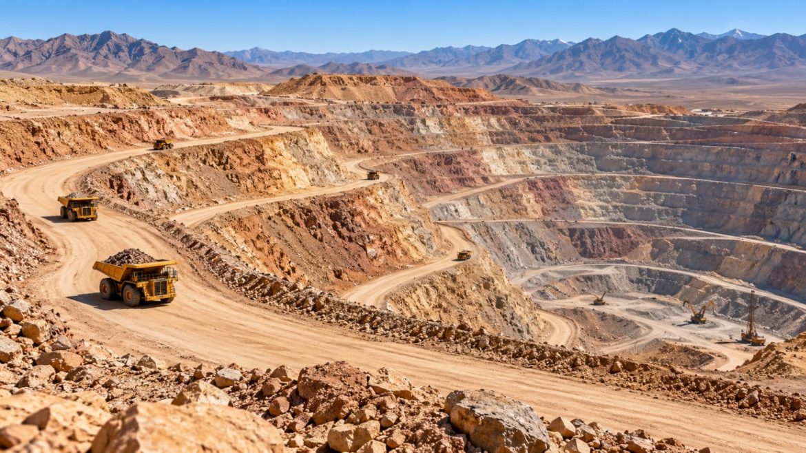 Goldtagebau in der Wüste von Nevada mit Muldenkippern