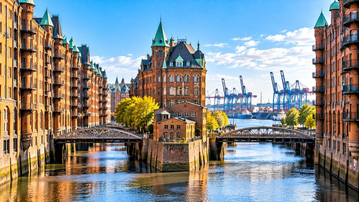 Hamburger Speicherstadt mit Backsteinfassaden und Kanälen