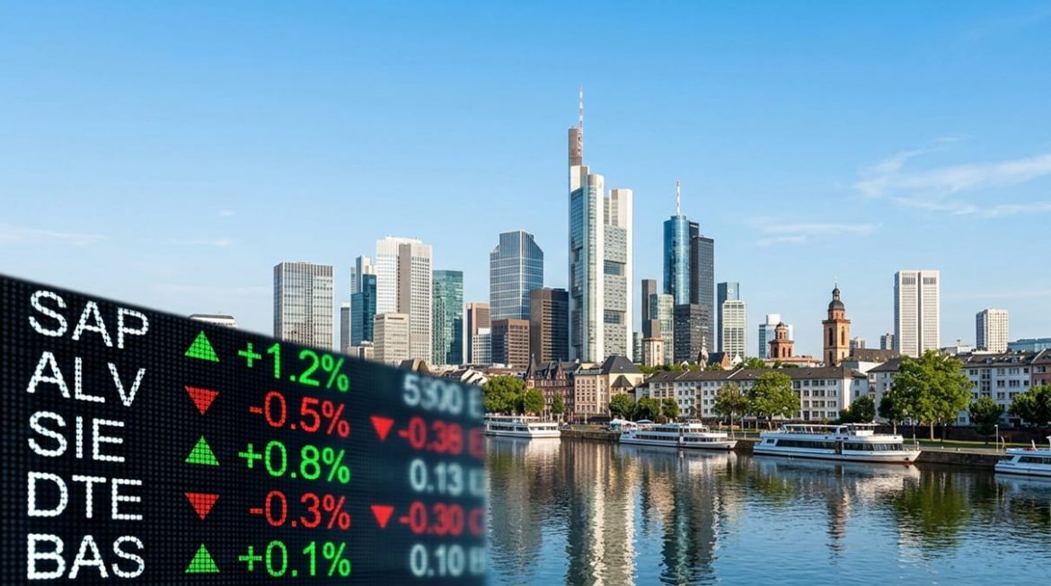 Frankfurter Skyline bei Tageslicht mit digitaler Kursanzeige deutscher Aktienkürzel im Vordergrund