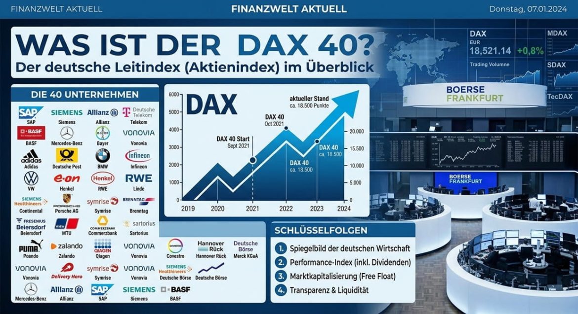 Infografik zum DAX 40 mit Unternehmensuebersicht und Kursverlauf vor der Frankfurter Boerse