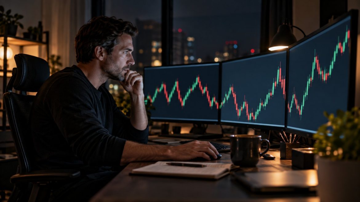 Daytrader verfolgt abends im Homeoffice Kurscharts auf drei Bildschirmen