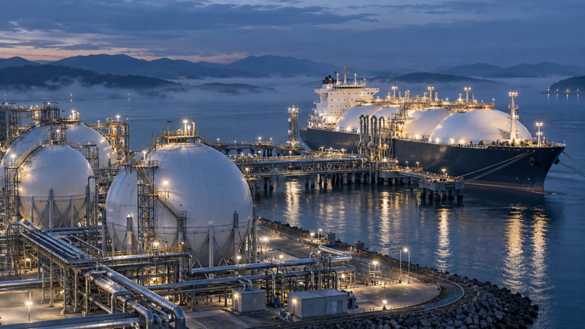 LNG-Tanker an einem Regasifizierungsterminal in der blauen Stunde