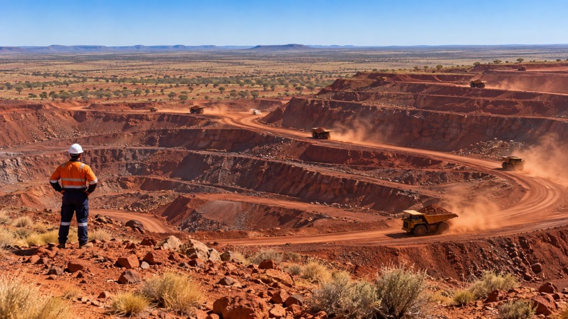 Arbeiter blickt auf einen Eisenerz-Tagebau mit Muldenkippern im australischen Outback