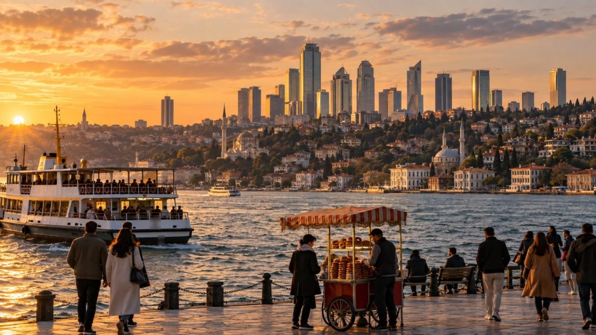 Uferpromenade am Bosporus in Istanbul mit Fähre und der Hochhaus-Skyline von Levent
