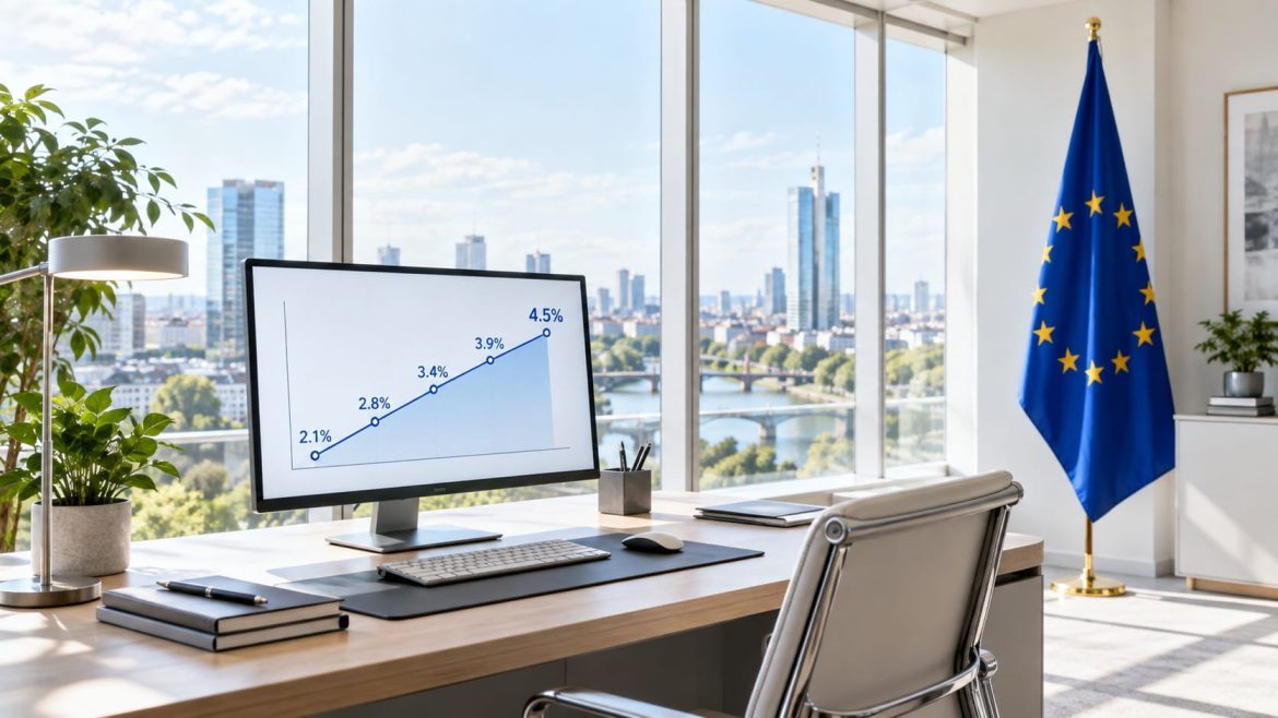 Helles Bankbüro mit Europaflagge und Monitor mit Zinskurve – Symbolbild für den Referenzzins EURIBOR
