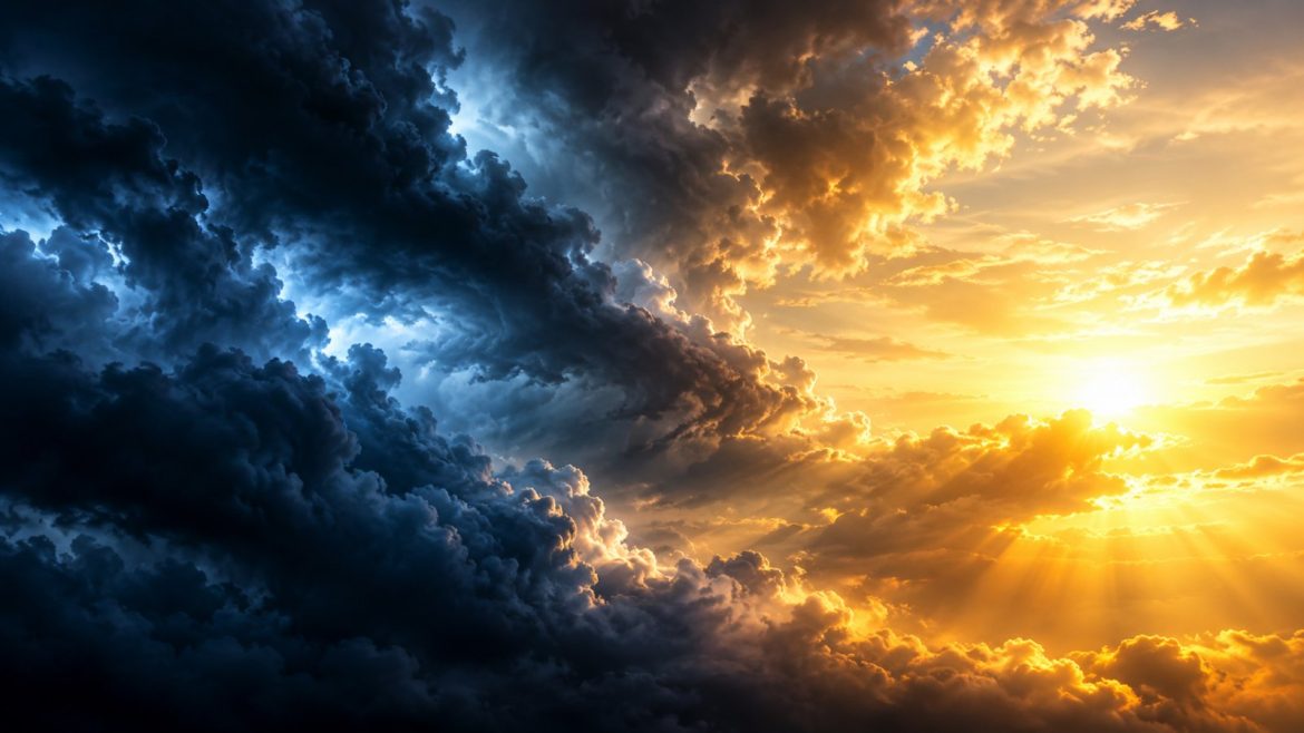 Geteiltes Bild aus dunklen Wolken und goldenem Licht als Sinnbild für Angst und Gier