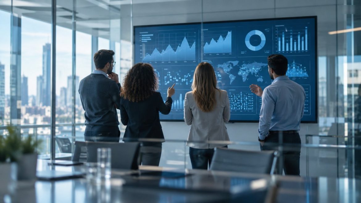 Analystenteam bespricht abstrakte Diagramme auf einem großen Bildschirm