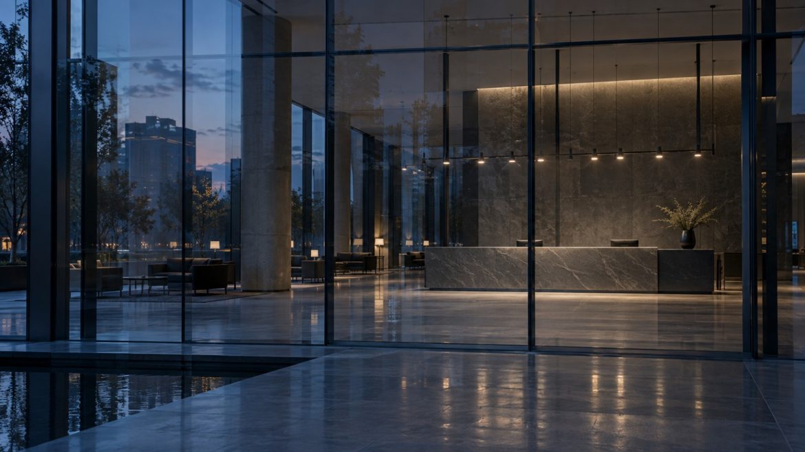 Verlassene Bankhalle hinter einer Glasfassade in der Dämmerung, nur eine Lichtreihe brennt noch