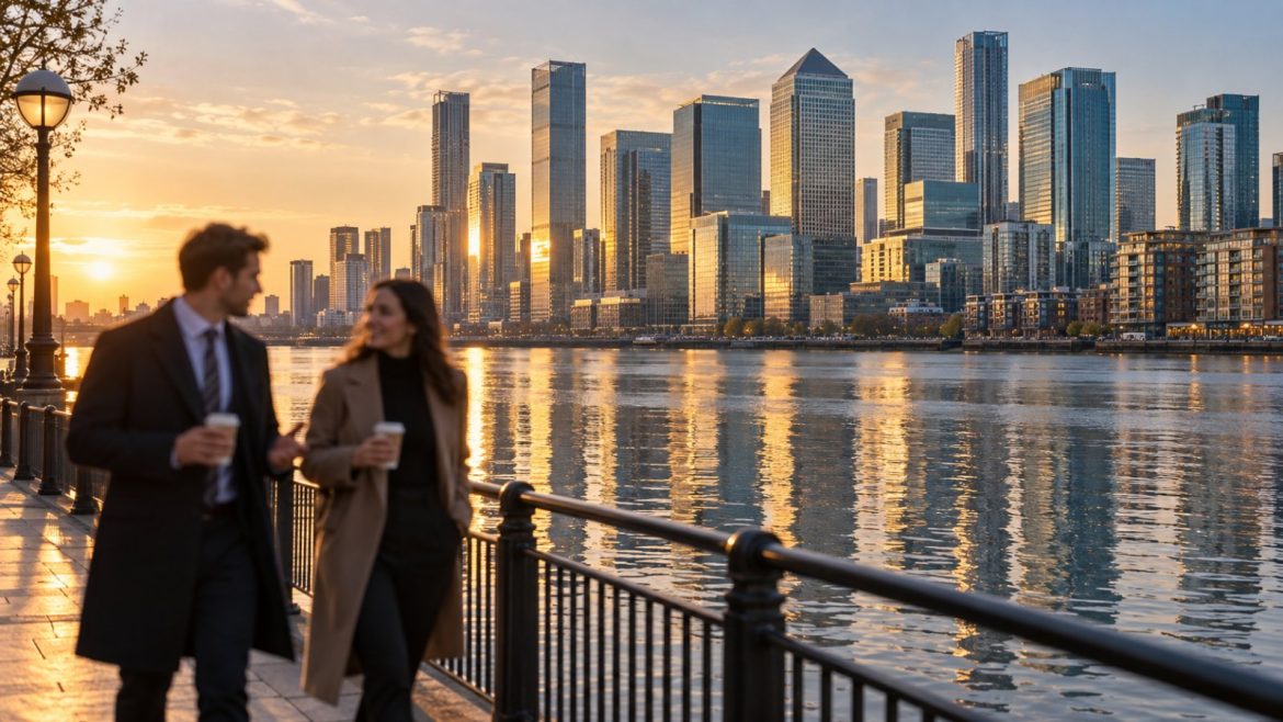 Geschäftsleute an der Themse vor der Skyline des Londoner Finanzviertels Canary Wharf