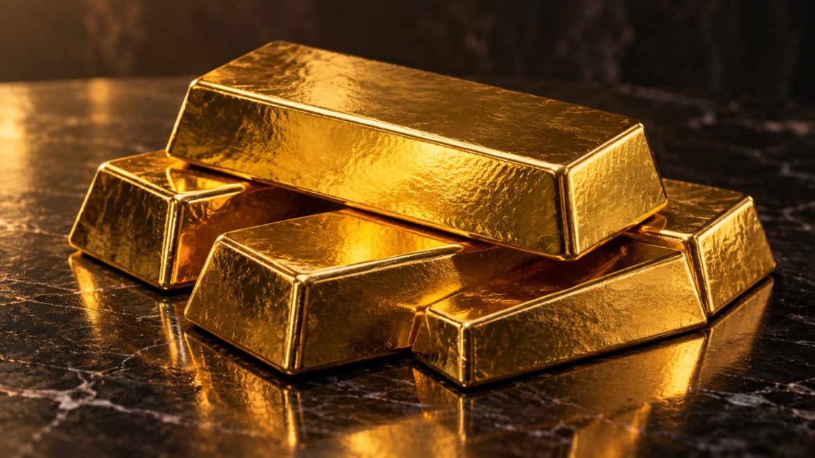 Gestapelte Goldbarren auf dunkler polierter Fläche