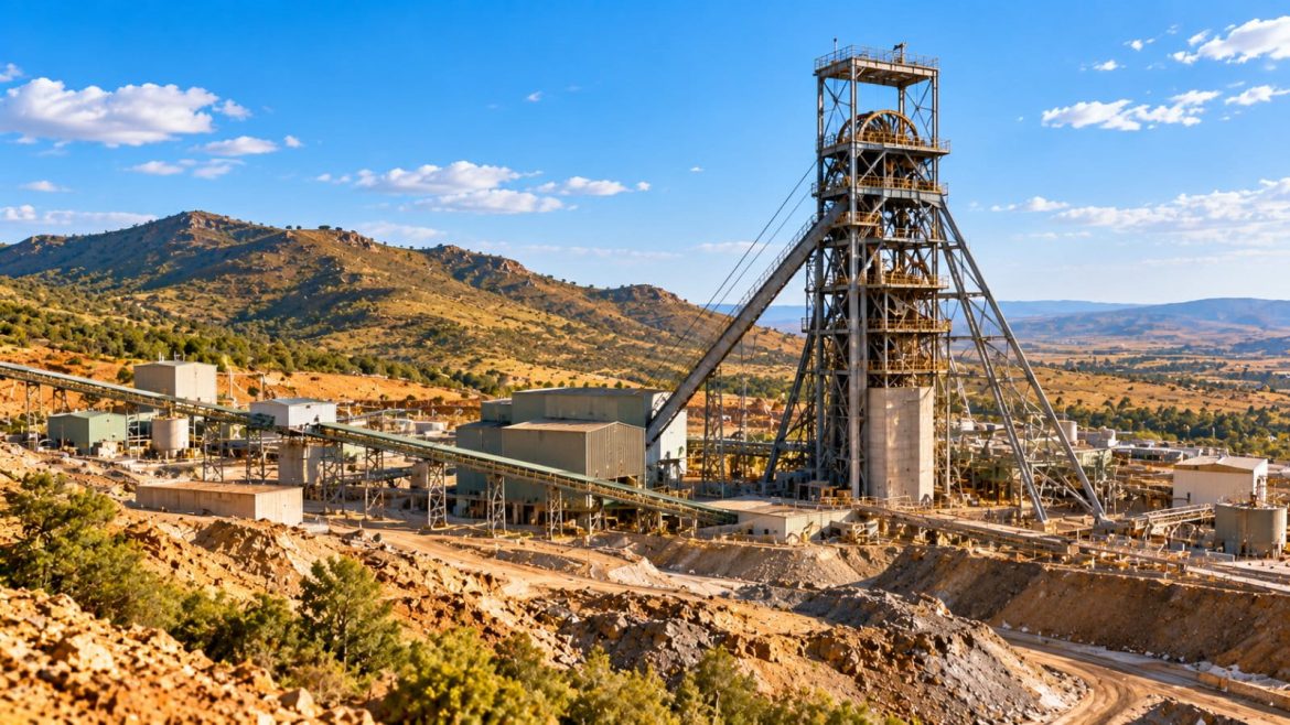 Förderturm einer tiefen Goldmine in südafrikanischer Landschaft