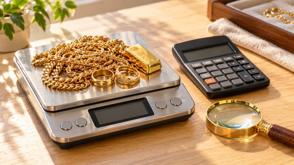 Goldketten, Ringe und ein Goldbarren auf einer digitalen Feinwaage neben Taschenrechner und Lupe
