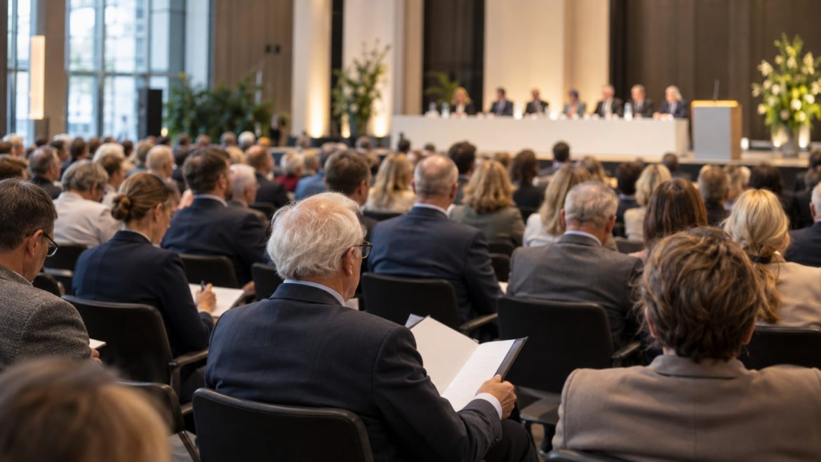 Aktionärinnen und Aktionäre verfolgen eine Hauptversammlung in einer Veranstaltungshalle