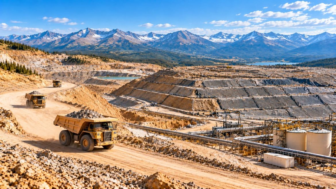Goldmine mit Haldenlaugung in weiter nordamerikanischer Landschaft
