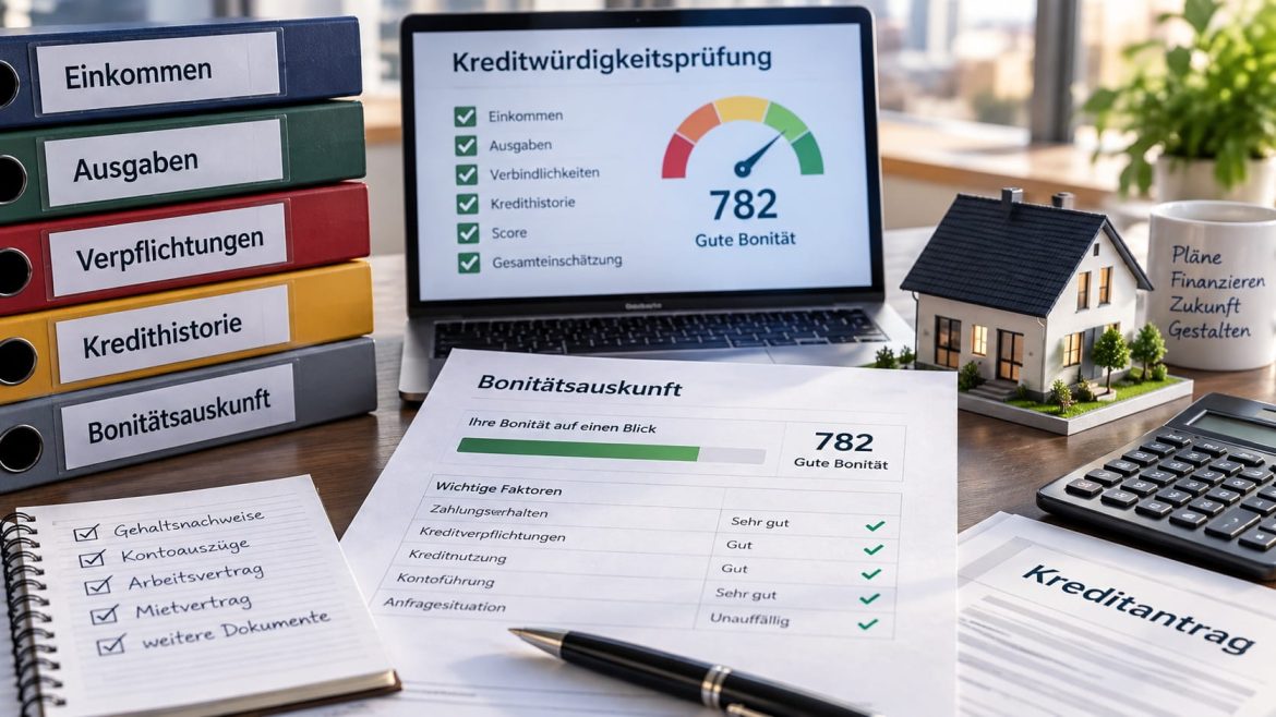 Beratungsgespräch am Schreibtisch mit aufgefächerten Unterlagen – Symbolbild zur Kreditwürdigkeitsprüfung