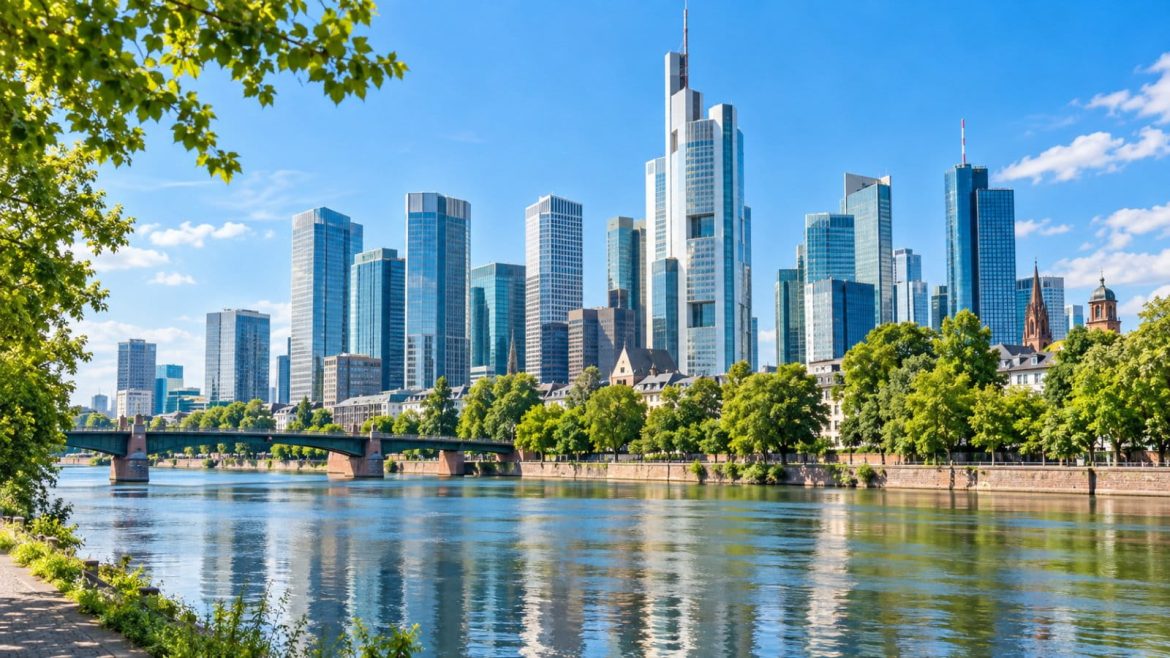 Skyline des Frankfurter Bankenviertels am Main bei Sonnenschein