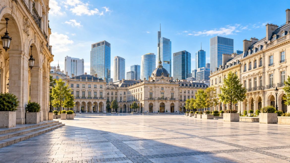 Europäischer Stadtplatz mit historischen Fassaden und Bürogebäuden