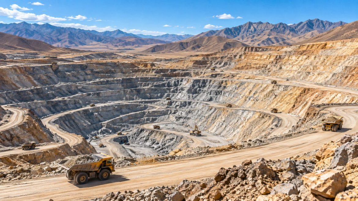 Goldtagebau in Berglandschaft mit Muldenkippern