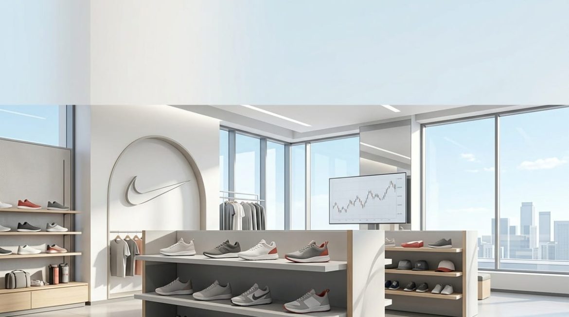 Modernes, helles Sportschuh-Geschaeft mit fallendem Kursdiagramm auf Bildschirm