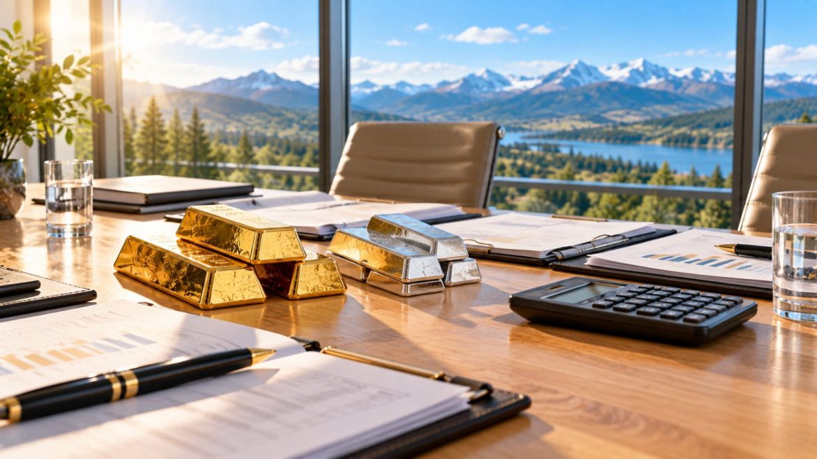 Besprechungstisch mit Vertragsmappen und kleinen Gold- und Silberbarren