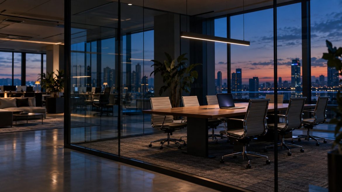 Startup-Büro mit Glaskonferenzraum in der Abenddämmerung