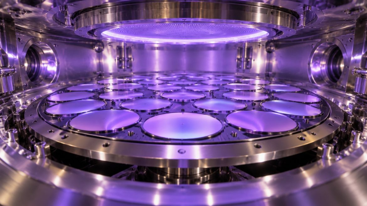 Innenansicht eines Beschichtungsreaktors mit vielen violett leuchtenden Wafern