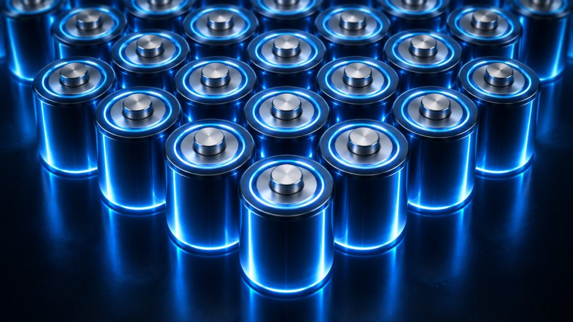 3D-Darstellung leuchtender Lithium-Ionen-Batteriezellen im Wabenmuster