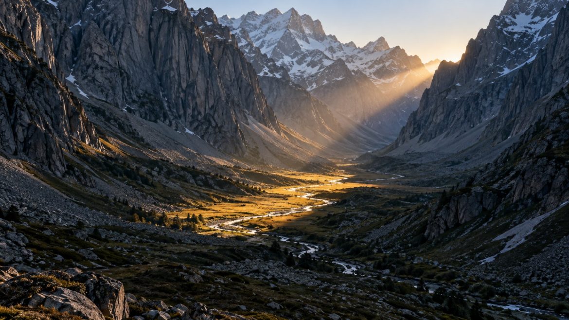 Enges Alpental im Morgenlicht, ein schmales Sonnenband fällt durch eine Felslücke auf den Talboden