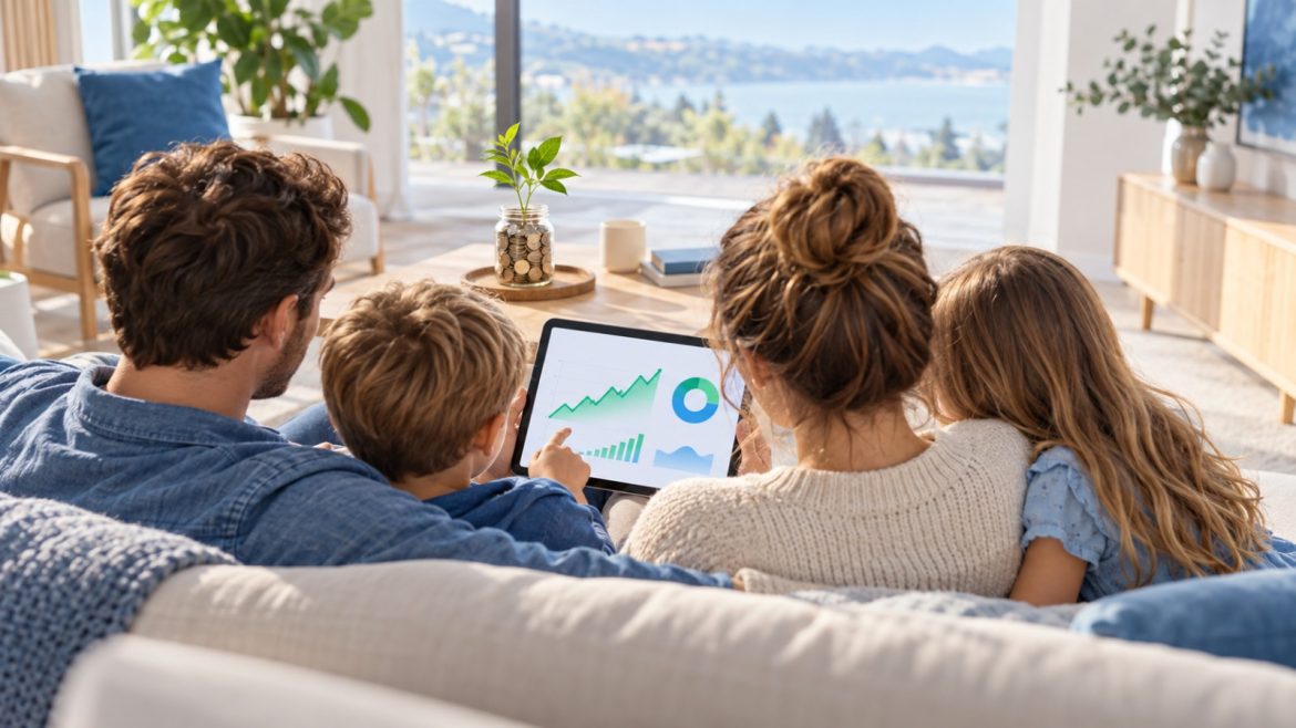 Junge Familie auf dem Sofa schaut gemeinsam auf ein Tablet mit steigendem Depotchart, davor ein Münzglas mit grüner Pflanze