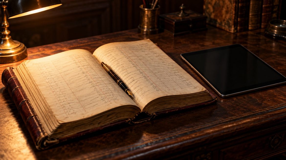 Aufgeschlagenes historisches Kontobuch mit Füller, daneben ein modernes Tablet auf einem Holzschreibtisch