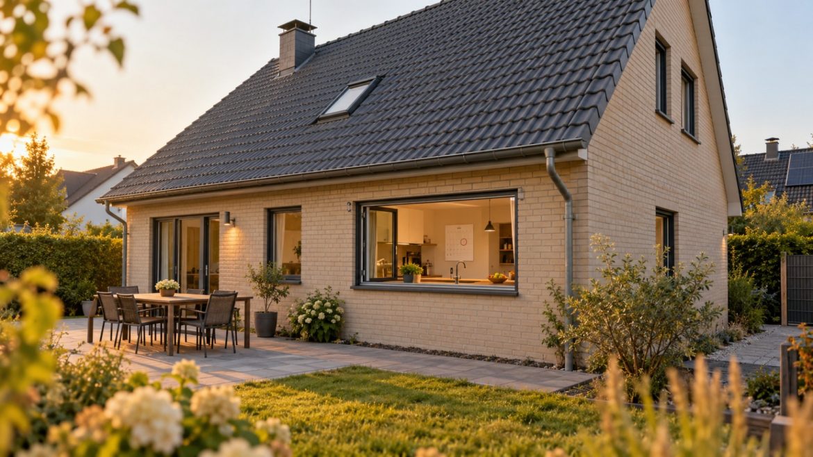 Einfamilienhaus im Nachmittagslicht, durch das Küchenfenster ist ein Wandkalender mit markiertem Monat zu sehen