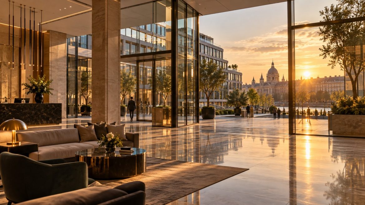 Moderne Hotellobby und Bürogebäude in einer europäischen Stadt zur goldenen Stunde