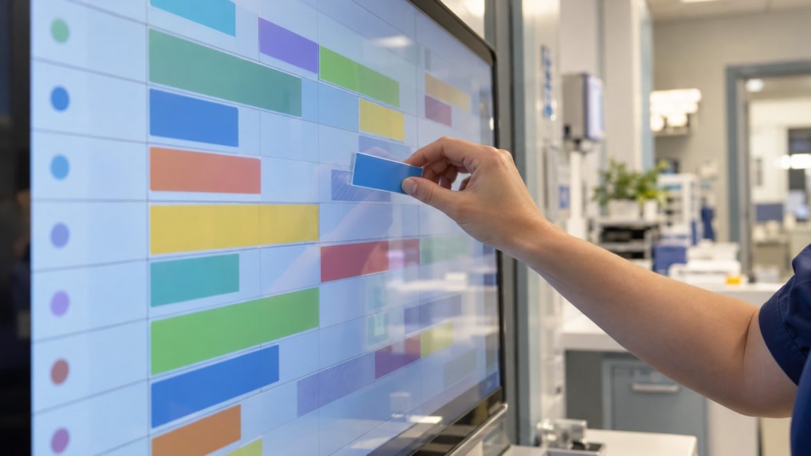 Hand verschiebt einen farbigen Block in einer Schichtplanung auf einem großen Touchscreen