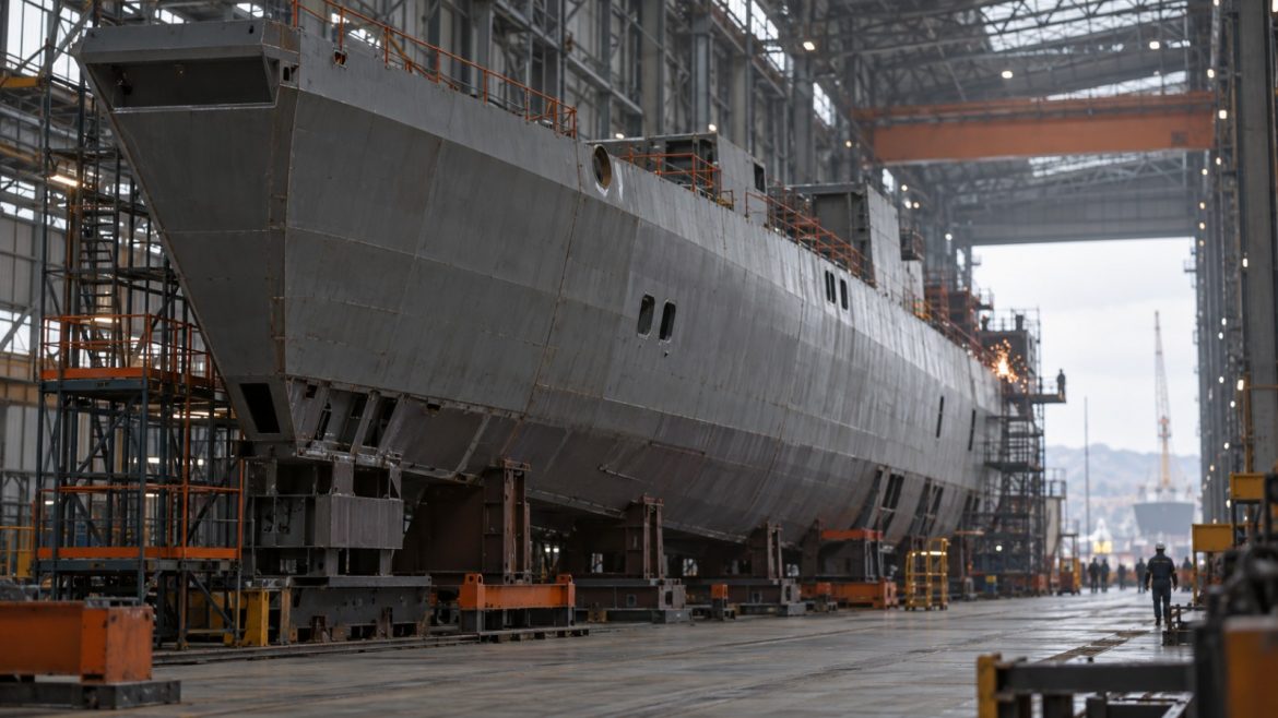 Rumpfsektion eines Marineschiffs in einer überdachten Werfthalle mit Schweißfunken im Hintergrund