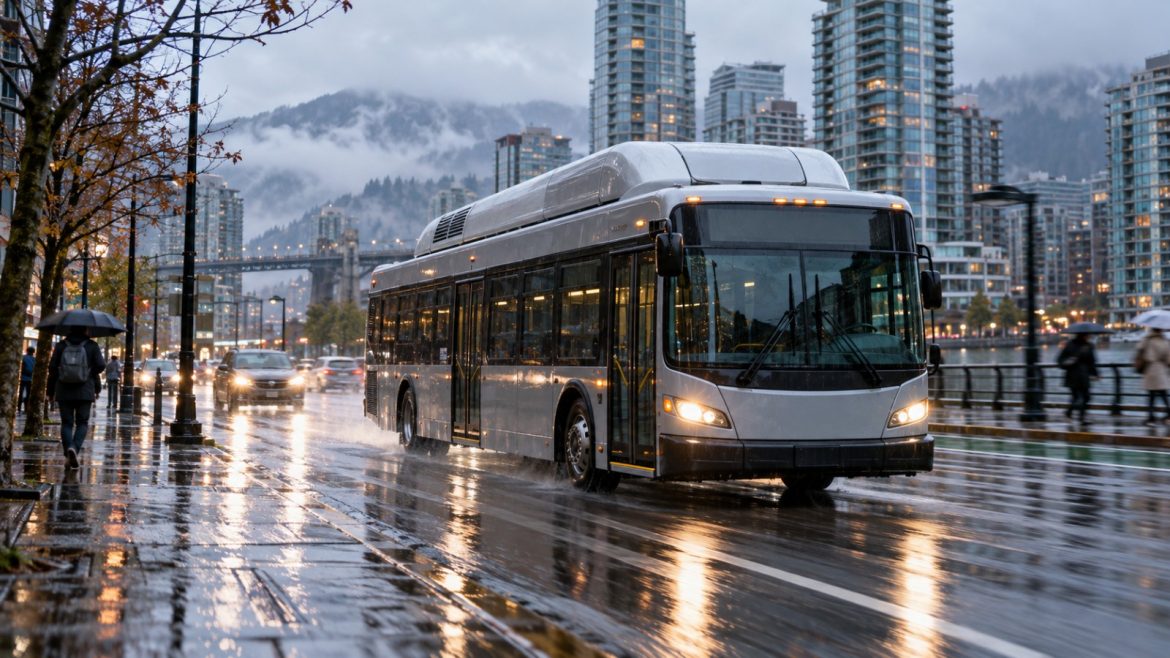 Stadtbus mit Wasserstofftanks auf dem Dach fährt durch eine regennasse Straße
