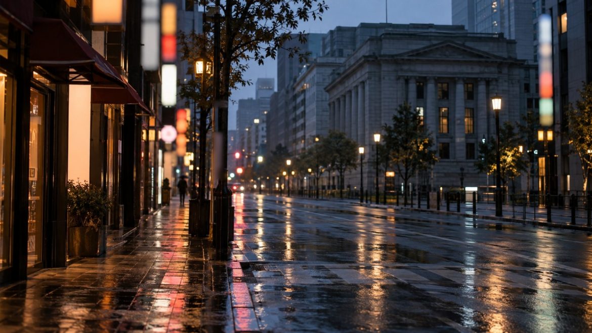 Regennasse Geschäftsstraße in Tokio im Morgengrauen, im Hintergrund ein steinernes Bankgebäude