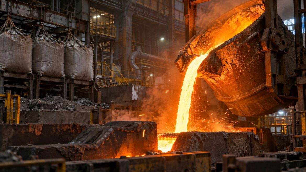 Glühendes Metall wird in einer Recyclinganlage gegossen