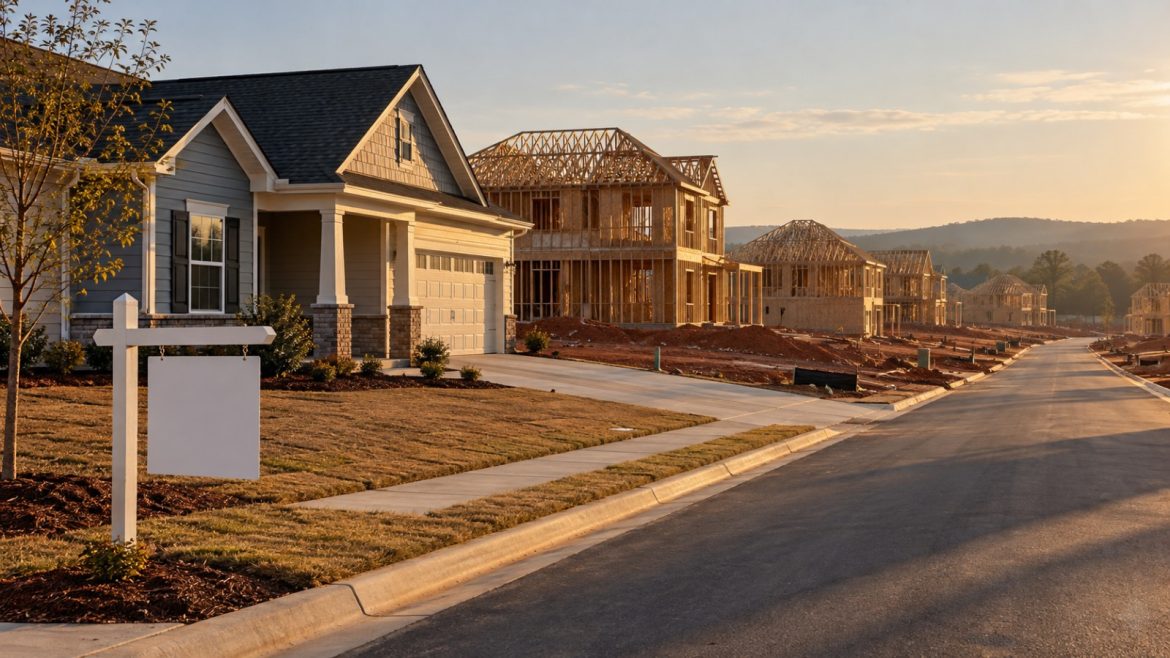 Neubausiedlung im Sonnengürtel der USA mit Holzrohbauten und einem fertigen Haus mit leerem Verkaufsschild