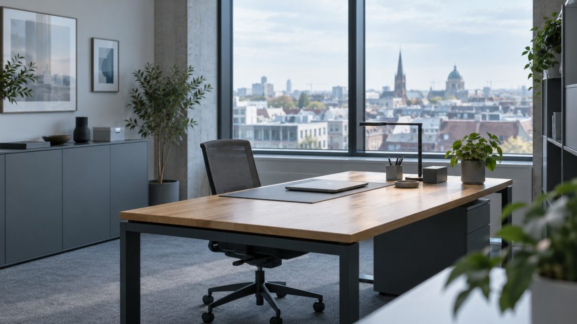 Leerer Schreibtisch in einem modernen Büro mit Blick über die Dächer
