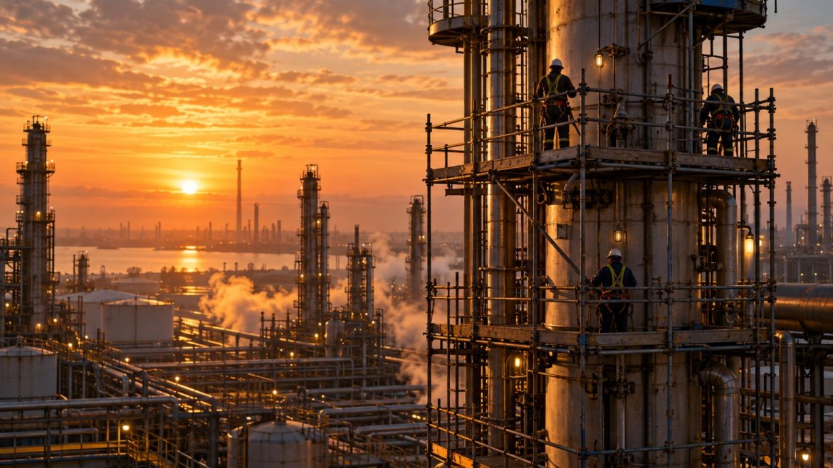 Industriemonteure auf einem Gerüst an einer Raffineriekolonne bei Sonnenaufgang