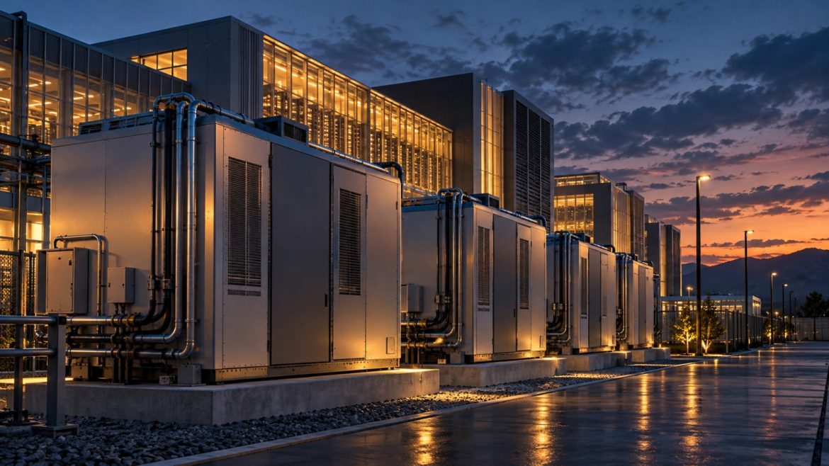 Reihe von Brennstoffzellen-Modulen vor einem Rechenzentrum in der Abenddämmerung