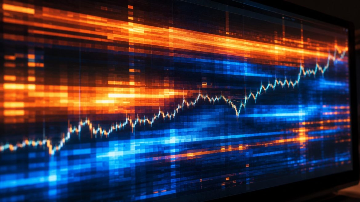 Dunkler Monitor mit abstrakter Heatmap aus orangefarbenen und blauen Bändern und einer hellen Kurslinie