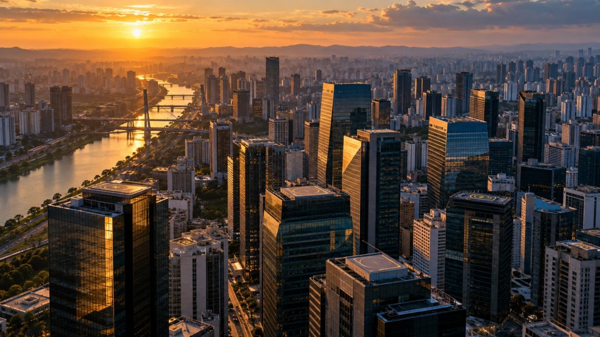 Bankenviertel von São Paulo zur goldenen Stunde mit Glastürmen und dem Fluss Pinheiros