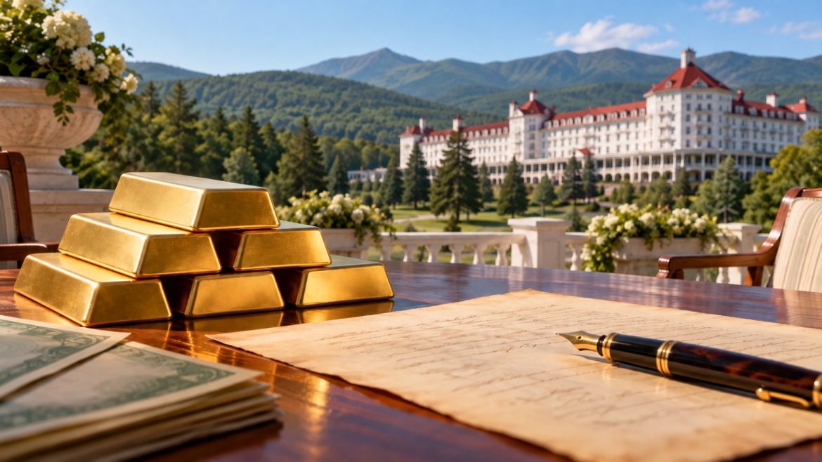 Goldbarren, Füllfederhalter und ein historisches Vertragsdokument auf einer Hotelterrasse, im Hintergrund ein weißes Grandhotel in den Bergen von New Hampshire
