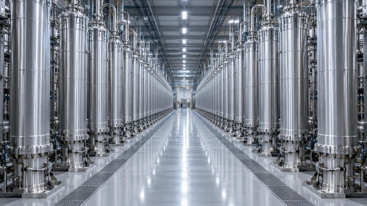 Lange Halle mit hohen silbernen Gaszentrifugen in Zentralperspektive