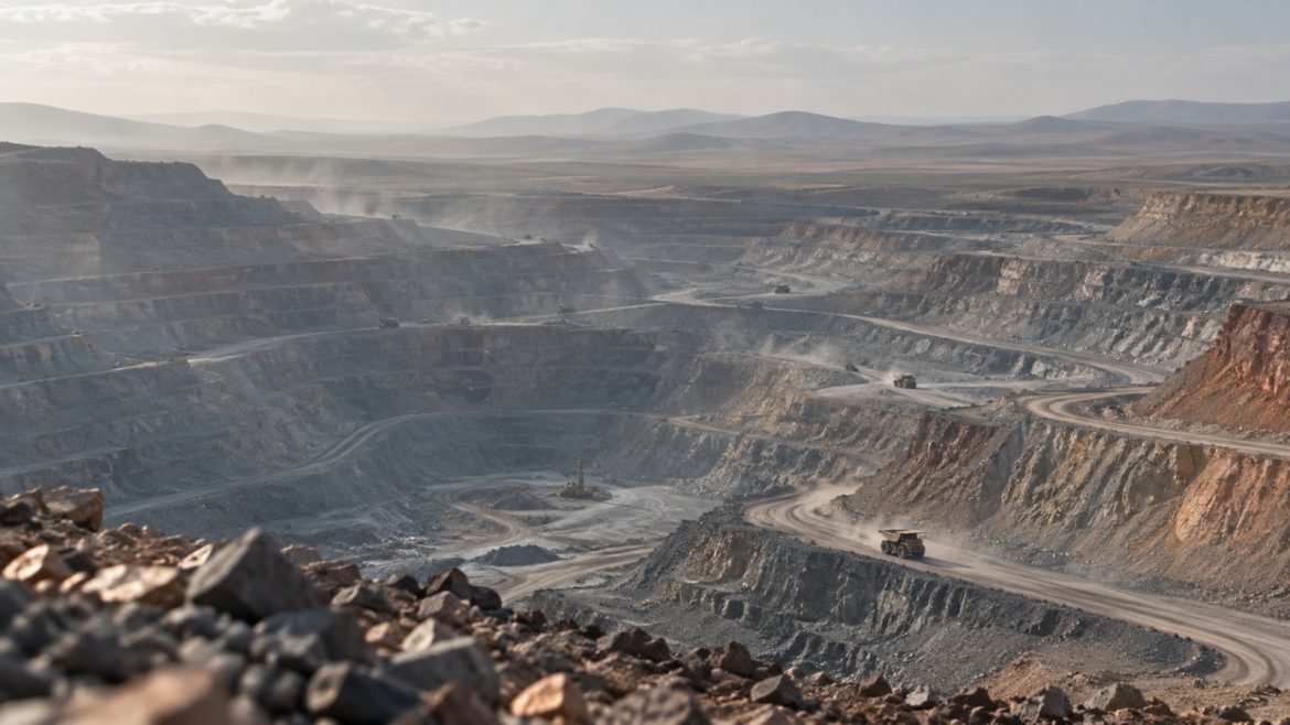 Großer Seltenerd-Tagebau in der Inneren Mongolei mit terrassierten Abbaustufen