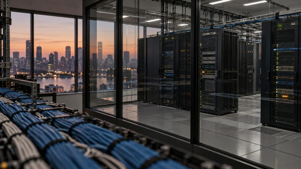 Serverraum hinter einer Glasfront, dahinter unscharf die Skyline einer Finanzmetropole in der Dämmerung