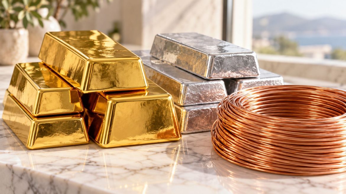 Goldbarren, Silberbarren und eine Rolle Kupferdraht auf einer hellen Marmorfläche